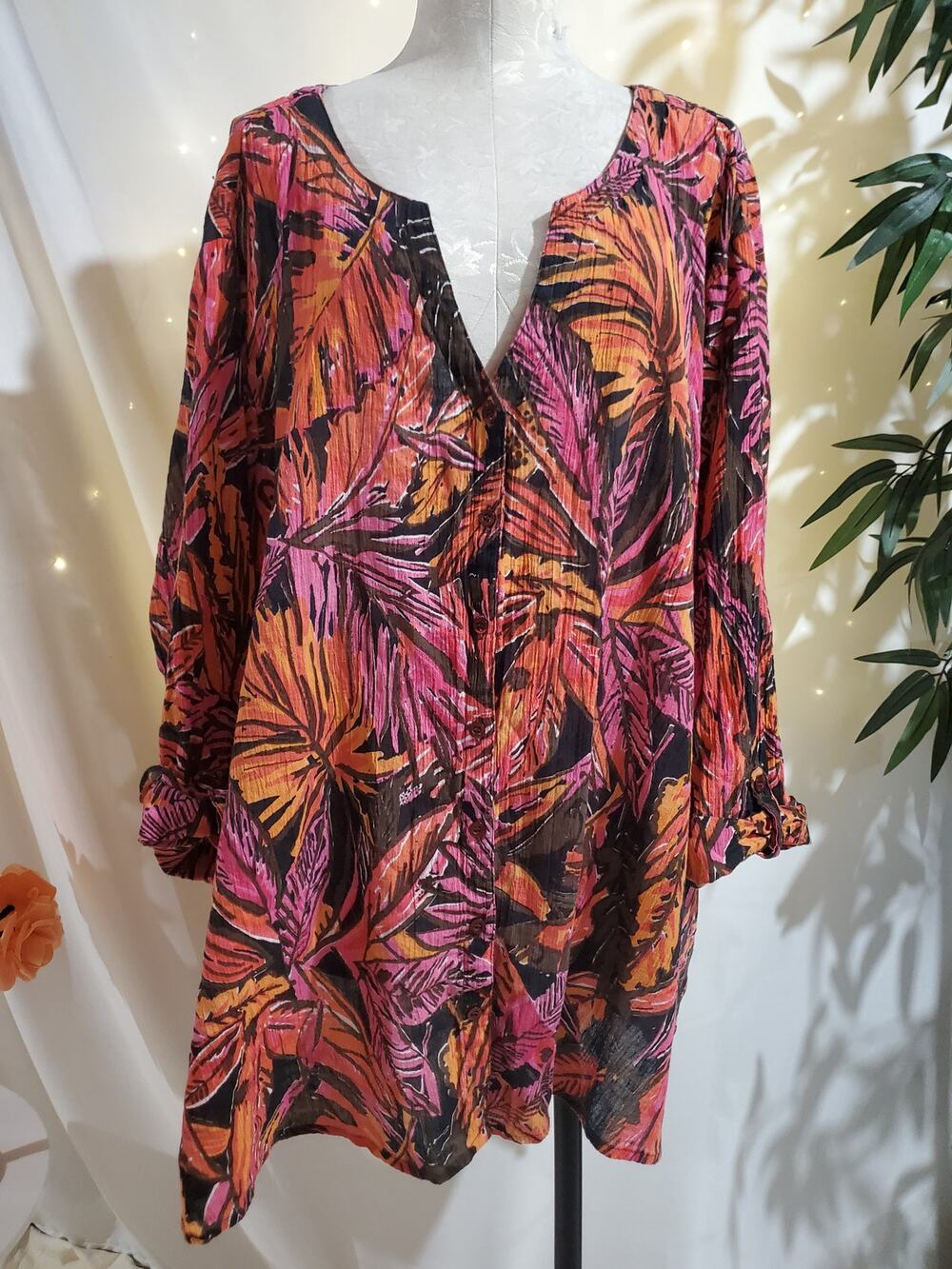 Ulla Popken Tropical Gauzy Crinkle Button Roll Tab Tunic Blouse Womens 32/34
